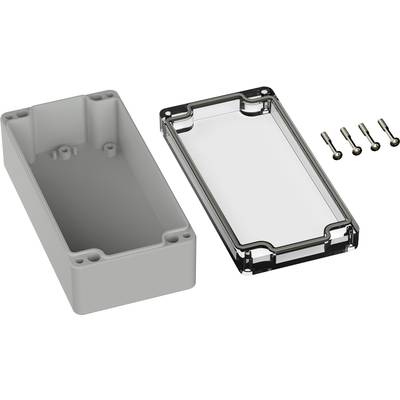 Boîtier en plastique avec couvercle amovible transparent et quatre vis. Adapté pour le montage de composants électroniques.