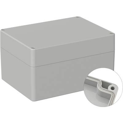Boîtier gris, rectangulaire aux coins arrondis. Un gros plan révèle les détails de sa structure intérieure avec des trous de vis.