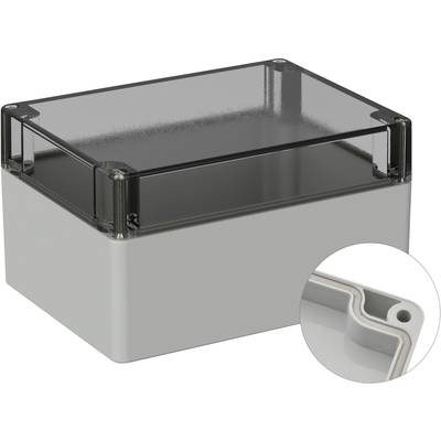 Boîtier en plastique gris avec un couvercle transparent et amovible. La vue détaillée montre le joint d'étanchéité sur le couvercle du boîtier pour l'étanchéification.
