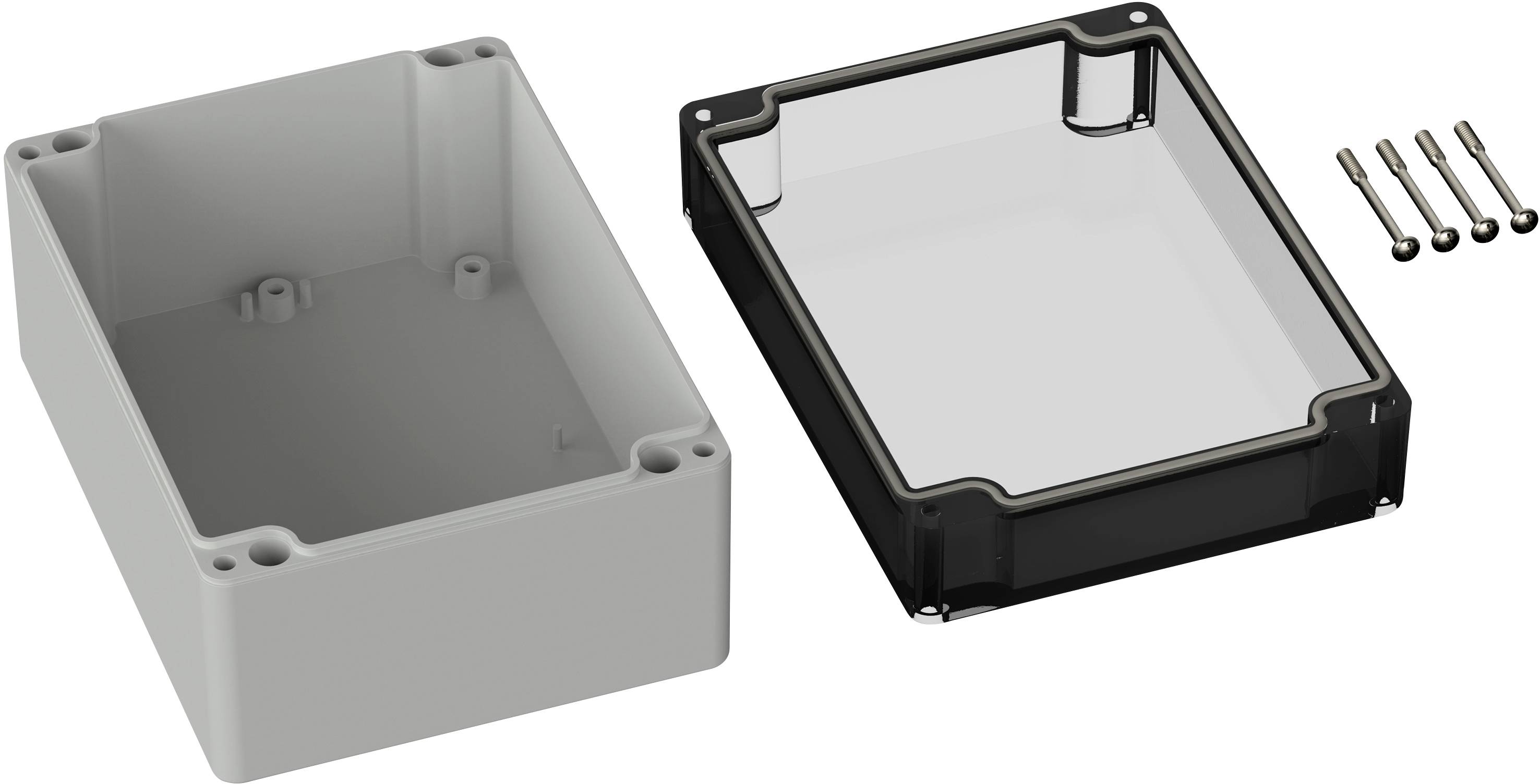 Boîtier avec un couvercle transparent, un fond gris et quatre vis. Le couvercle et le fond sont représentés séparément.