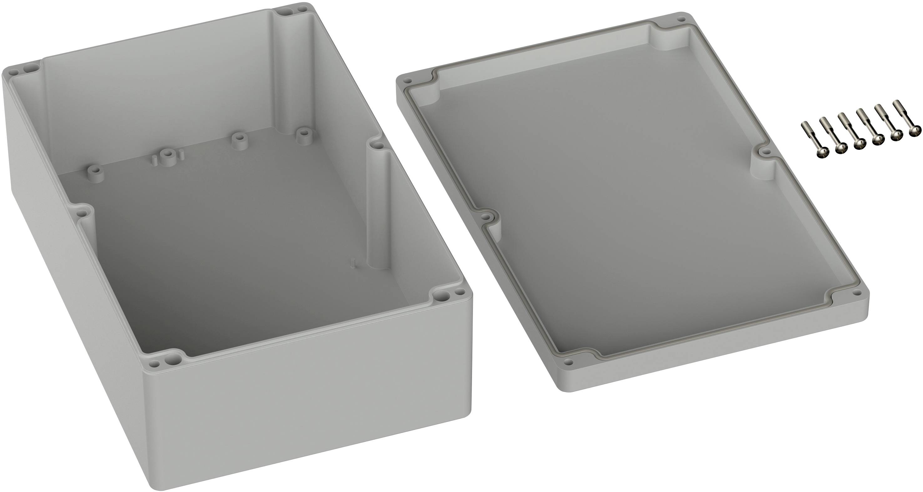 Boîtier en plastique, composé d'un boîtier et d'un couvercle amovible, avec six vis à côté. Adapté pour les projets électroniques.
