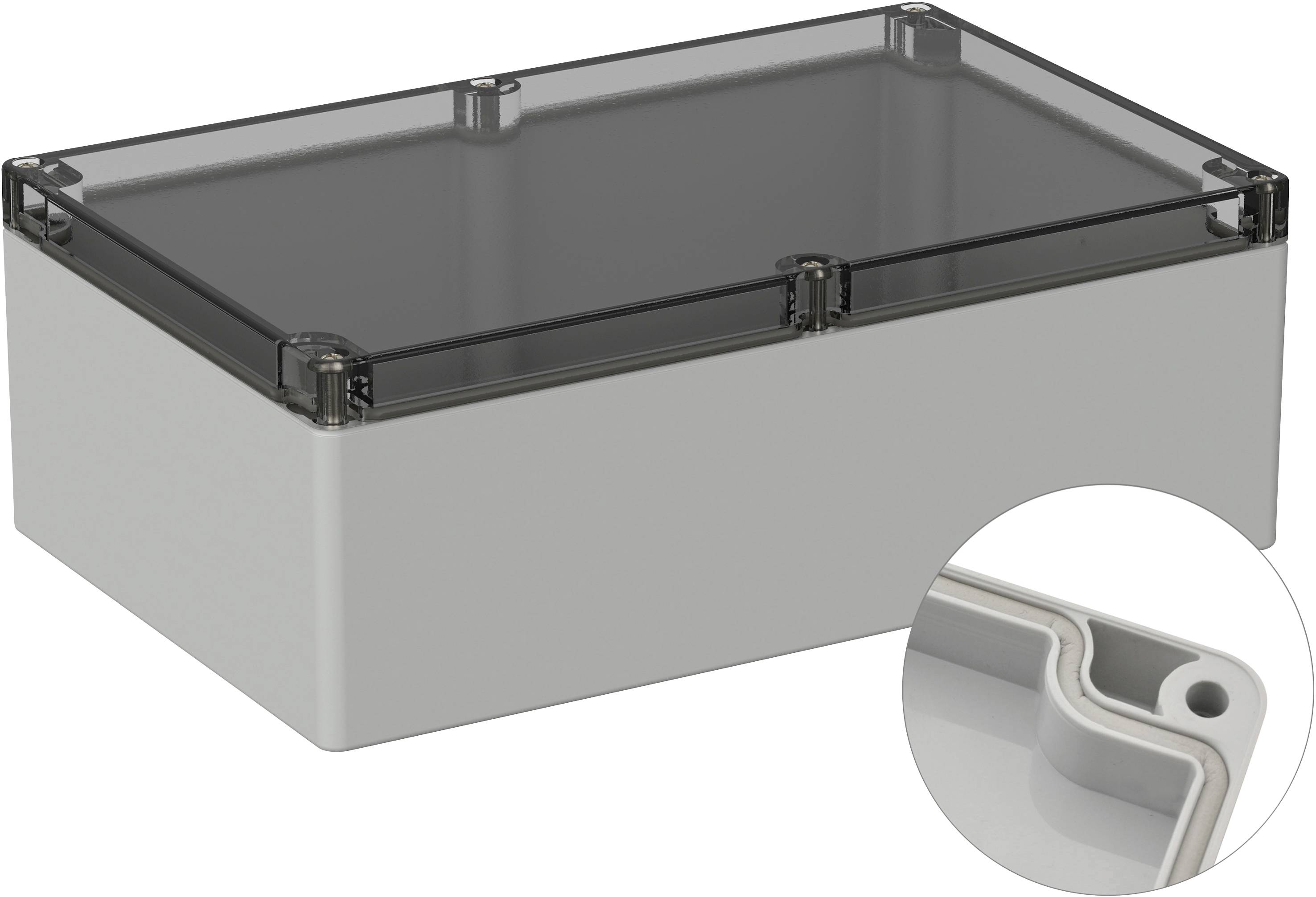 Boîte en plastique gris-blanc avec un couvercle transparent, gros plan sur les angles intérieurs. Adaptée au rangement ou comme boîtier.