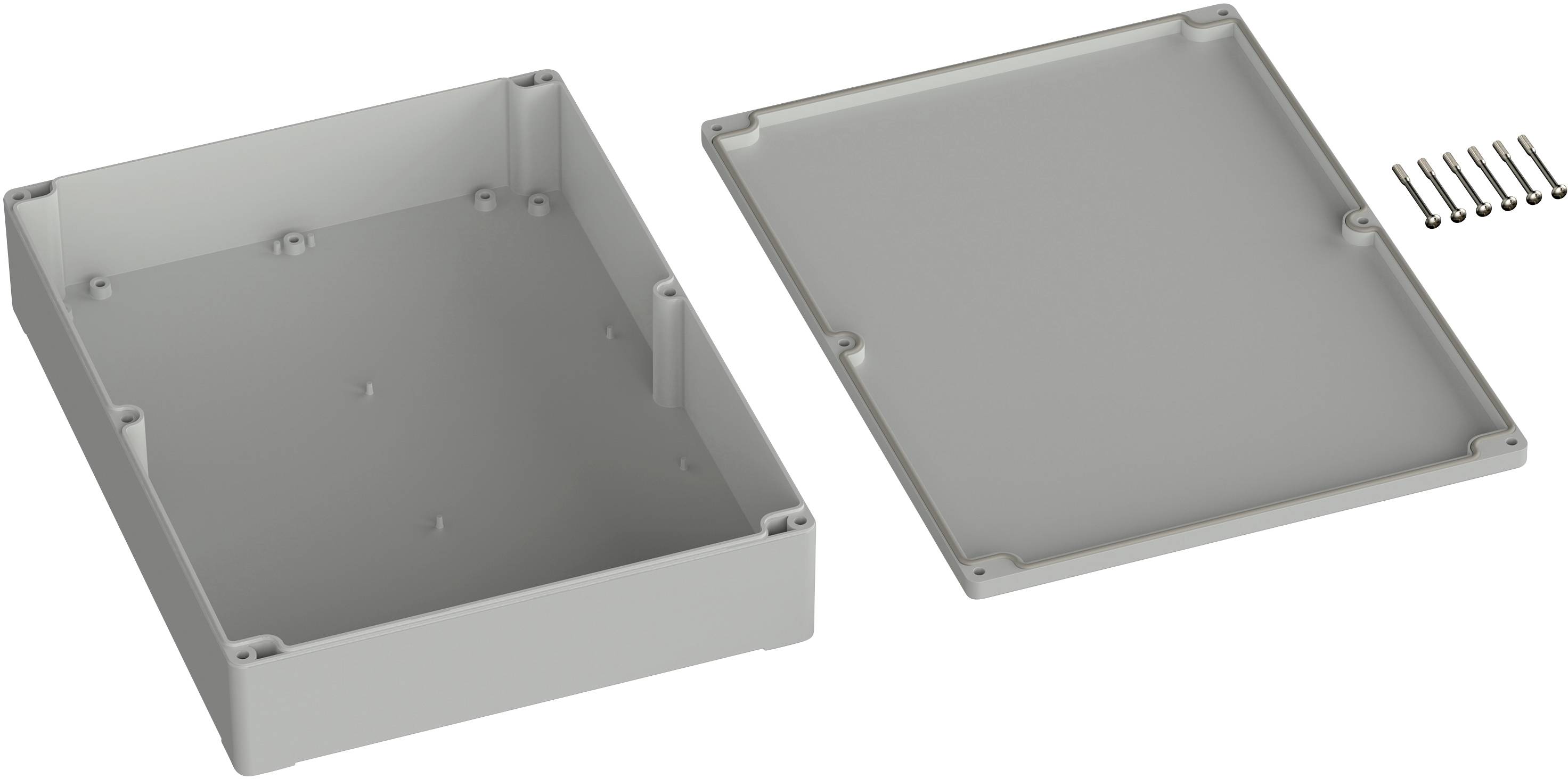 Boîtier en plastique gris avec couvercle amovible et six vis. Convient au montage de composants électroniques.