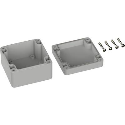 Boîtier en plastique gris avec couvercle amovible et quatre vis, adapté pour la protection des composants électroniques.