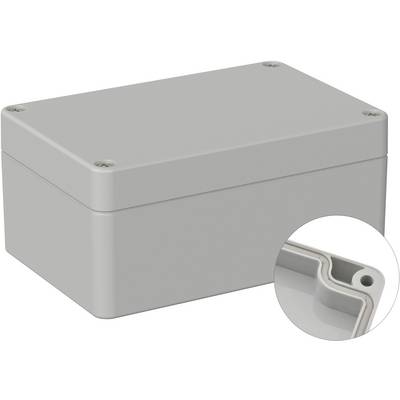 Boîtier rectangulaire gris aux coins arrondis et quatre trous de vis. Un cercle représente un détail de l'angle du boîtier.