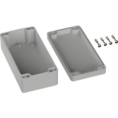 Boîtier en plastique gris, ouvert, avec quatre vis à côté à droite. Adapté pour le montage électronique.