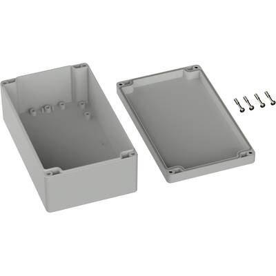 Un boîtier en plastique rectangulaire gris avec un couvercle amovible et six vis. Adapté au montage électronique.