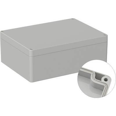 Boîtier rectangulaire gris en plastique avec un couvercle amovible ; un agrandissement montre en détail un coin du boîtier.