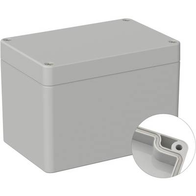 Un boîtier rectangulaire gris avec un couvercle amovible, montrant un plan détaillé du trou de vis dans le coin.