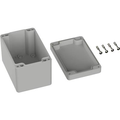 Un boîtier électronique rectangulaire gris avec son couvercle retiré et quatre vis de fermeture.