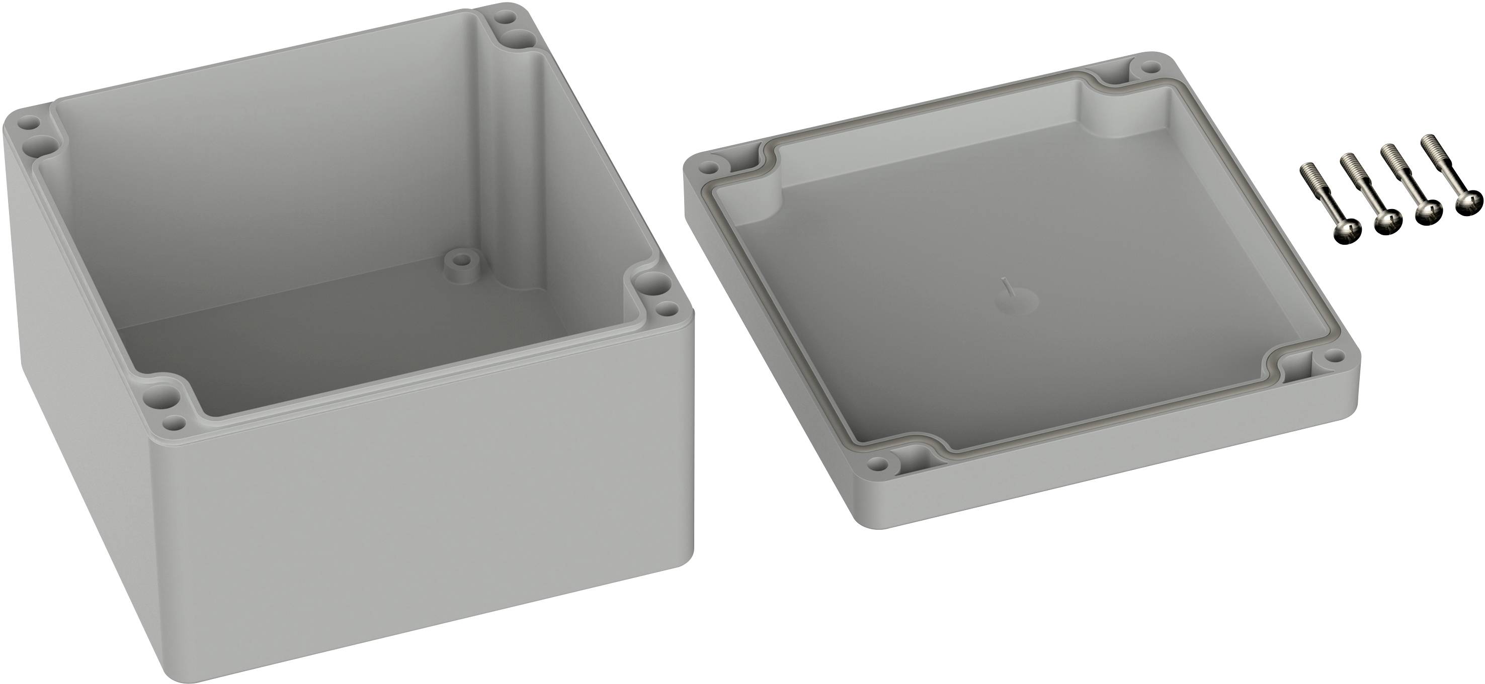 Boîtier carré gris avec couvercle amovible et quatre vis, prêt à être monté. Idéal pour les applications électroniques.