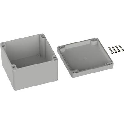 Boîtier carré gris avec couvercle amovible et quatre vis, prêt à être monté. Idéal pour les applications électroniques.