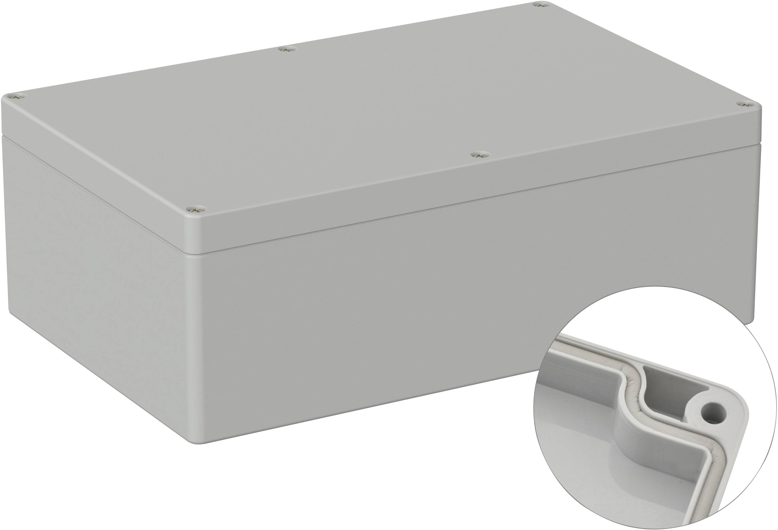 Boîtier rectangulaire gris avec couvercle amovible. La vue détaillée montre un bord d'étanchéité. Adapté pour les composants électroniques.