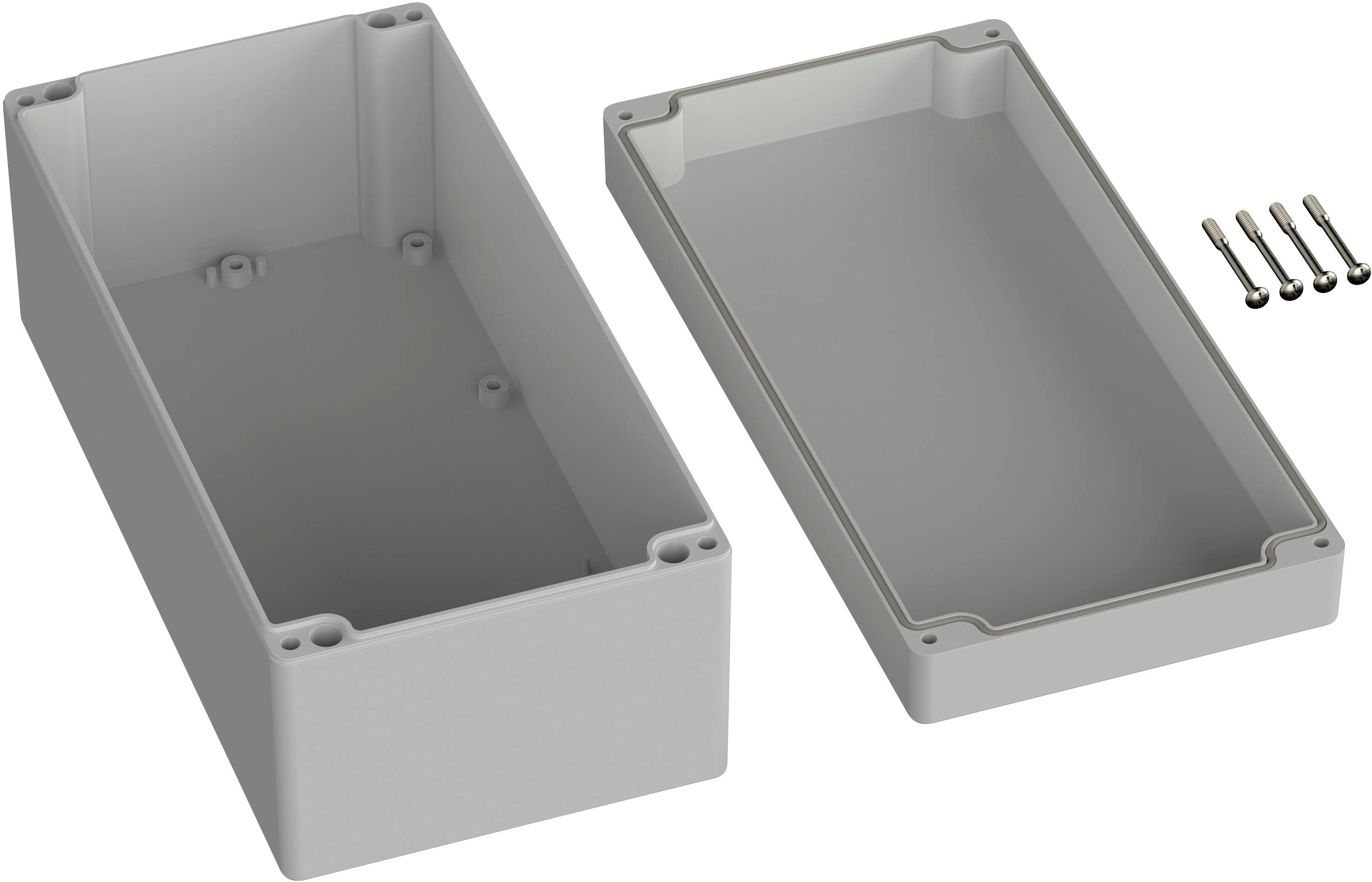 Boîtier composé de deux pièces en plastique gris, ouvert et présenté, avec quatre vis à côté. Généralement utilisé pour les appareils électriques.