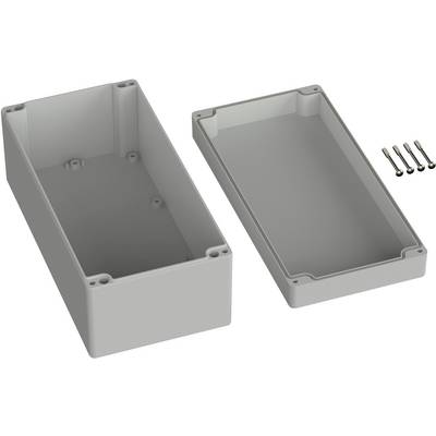 Boîtier composé de deux pièces en plastique gris, ouvert et présenté, avec quatre vis à côté. Généralement utilisé pour les appareils électriques.