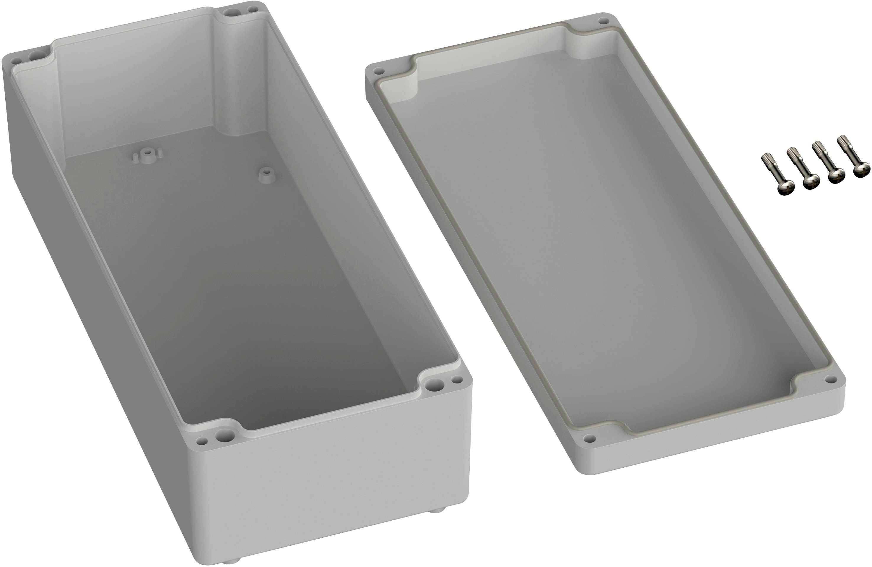 Boîtier rectangulaire gris en plastique, ouvert en deux parties. Quatre vis sont disposées à côté. Adapté pour les projets électroniques.