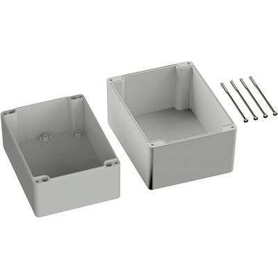 Deux parties de boîtier rectangulaires grises en plastique, ouvertes, avec quatre vis à côté. Elles servent de support pour des composants électroniques.