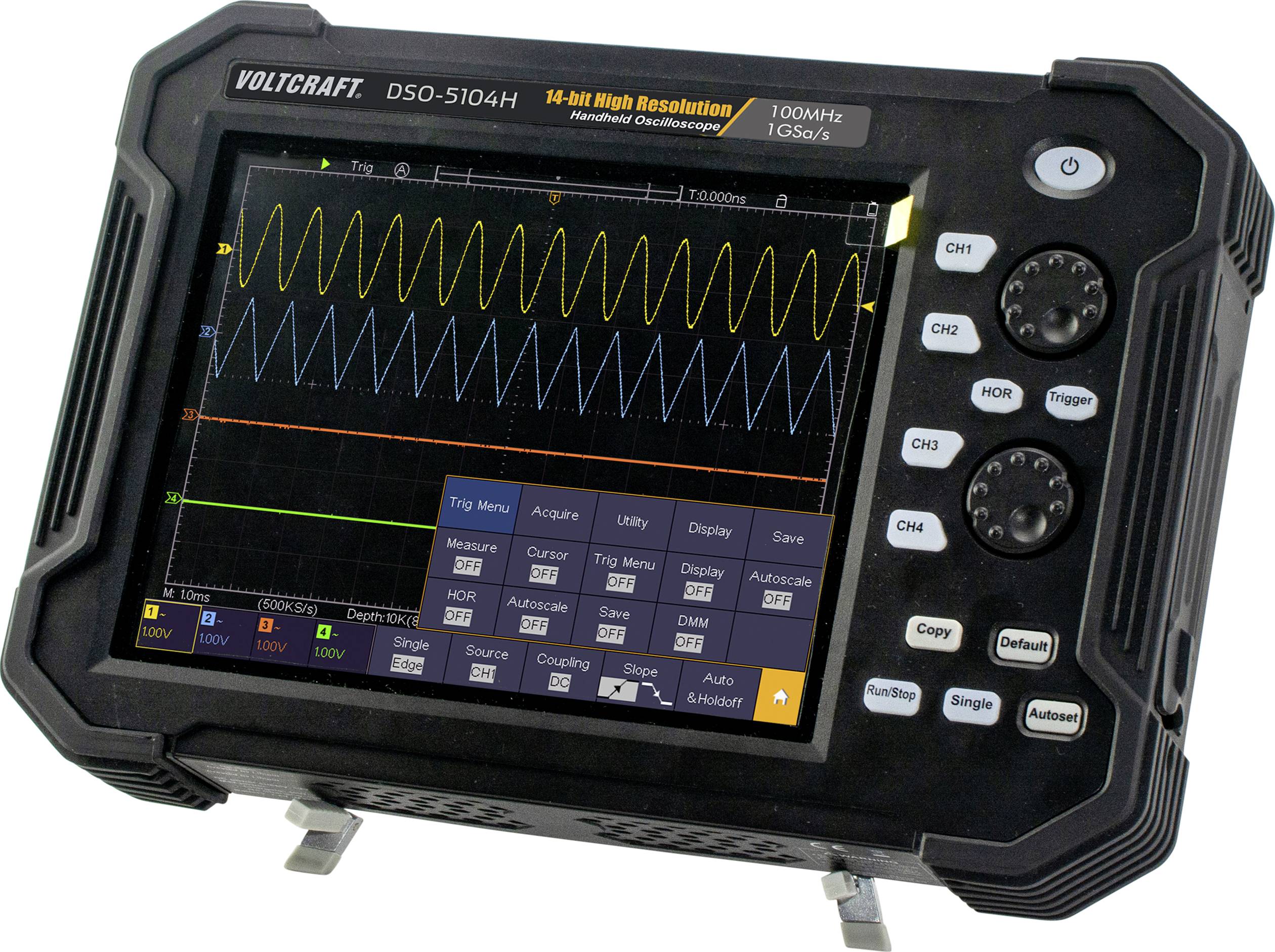 Un oscilloscope portable affiche une forme d'onde complexe sur l'écran, avec différentes options de menu et des boutons sur le côté.