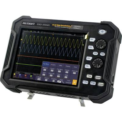 Un oscilloscope portable affiche une forme d'onde complexe sur l'écran, avec différentes options de menu et des boutons sur le côté.