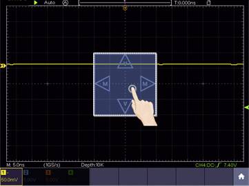 Écran d'oscilloscope avec une ligne d'onde jaune. Une main pointe vers un menu avec des flèches, probablement pour contrôler l'affichage.