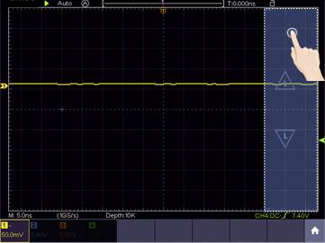 L'écran de l'oscilloscope affiche une onde jaune plane. Une main appuie sur le bord droit de l'écran pour définir un déclenchement.