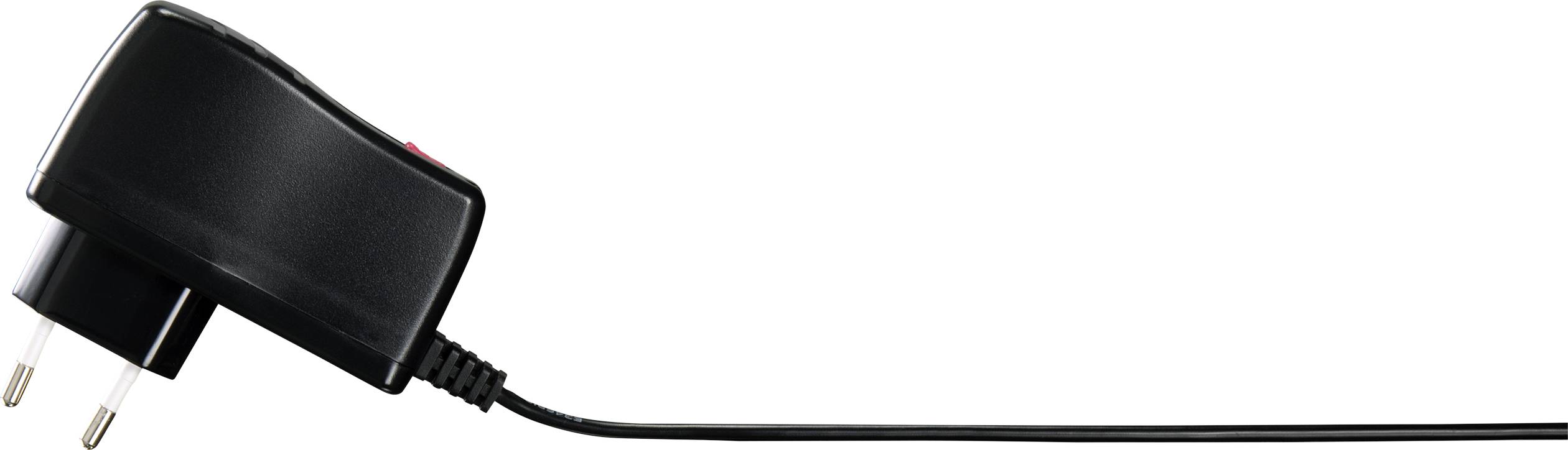 Adaptateur secteur noir avec câble, adapté aux prises électriques européennes.