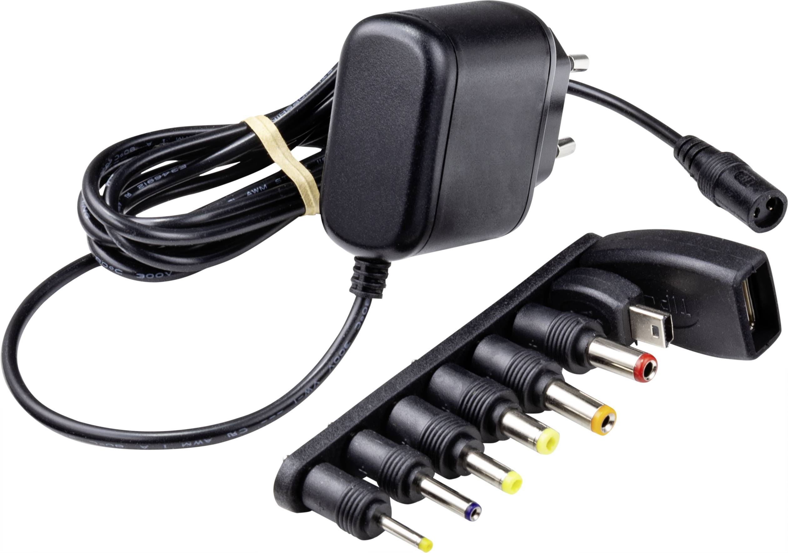 Bloc d'alimentation multifonction avec six fiches d'adaptateur différentes et entrée USB, adapté à divers appareils électroniques.