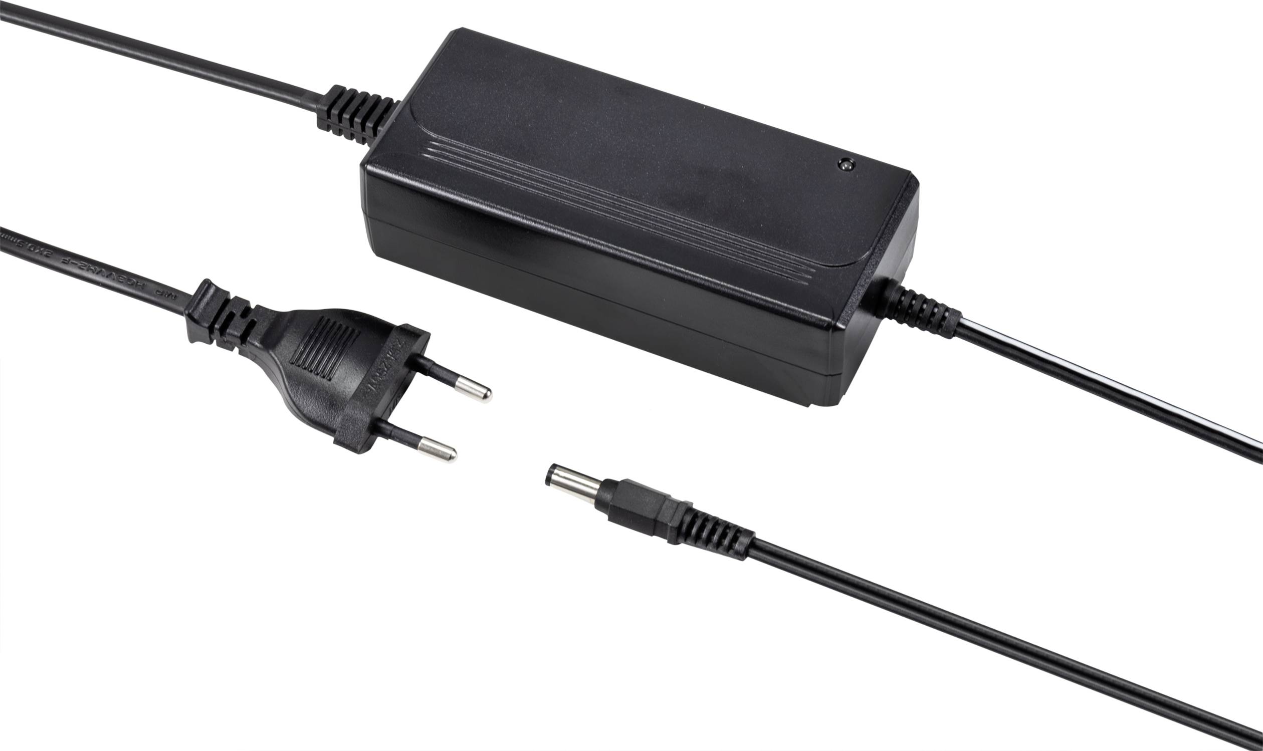 Bloc d'alimentation noir avec câbles, fiche européenne et connecteur rond. Adapté pour charger ou faire fonctionner des appareils électriques.