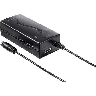 Bloc d'alimentation noir portant une étiquette Voltcraft avec un port USB, relié par un câble.