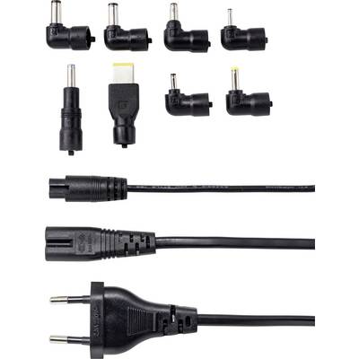 Différents adaptateurs et câbles pour appareils électroniques. En haut, neuf fiches d'adaptateur sont représentées, en dessous deux câbles avec des connexions enfichables.