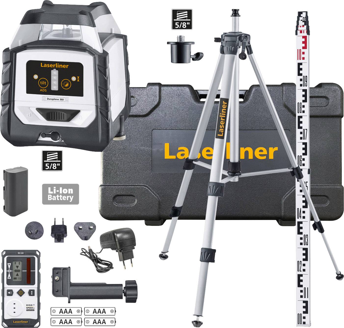 Équipement de topographie comprenant un appareil laser, un trépied, un chargeur et des accessoires ; utilisé pour des travaux de construction et de mesure.