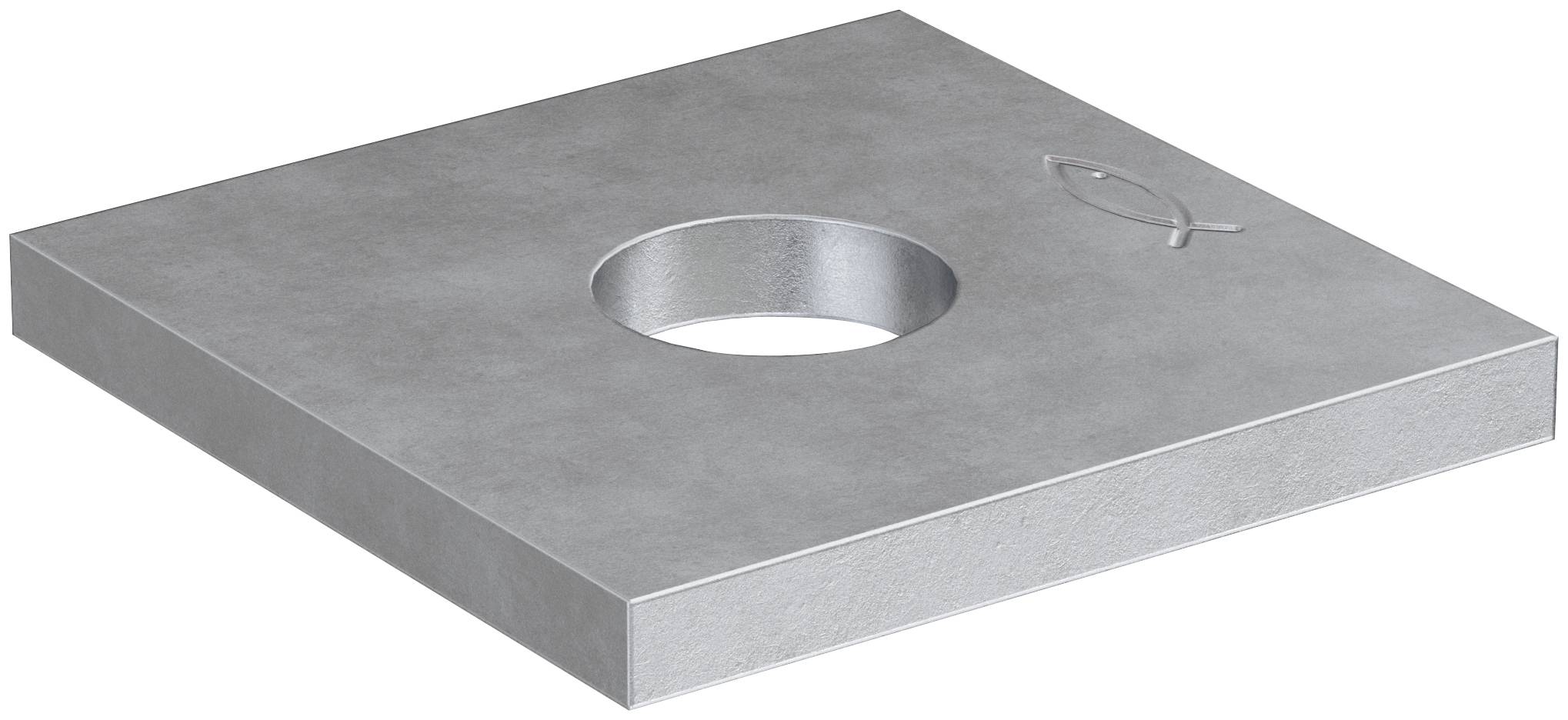 Plaque métallique plate en argent avec un grand trou circulaire central et un petit symbole gravé près d'un coin, présentée sur un fond blanc.