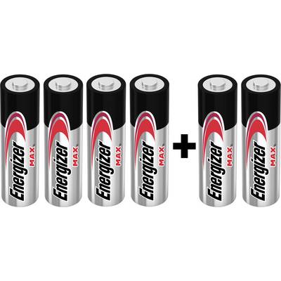 Six piles AA Energizer Max alignées, dont cinq sont placées directement côte à côte et une séparée par un signe plus.