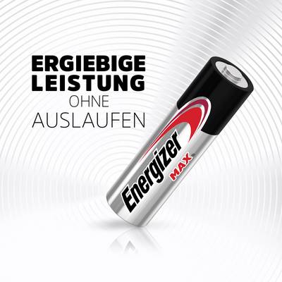 Une pile Energizer Max portant l'inscription : « Performance durable sans coulure ». Structure de fond texturée.