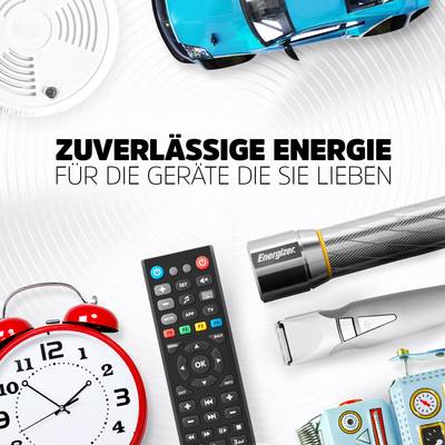 Sur l'image, on peut voir un détecteur de fumée, une voiture miniature, une horloge, une télécommande, un rasoir et des batteries. Texte : 'ÉNERGIE FIABLE POUR LES APPAREILS QUE VOUS AIMEZ'.