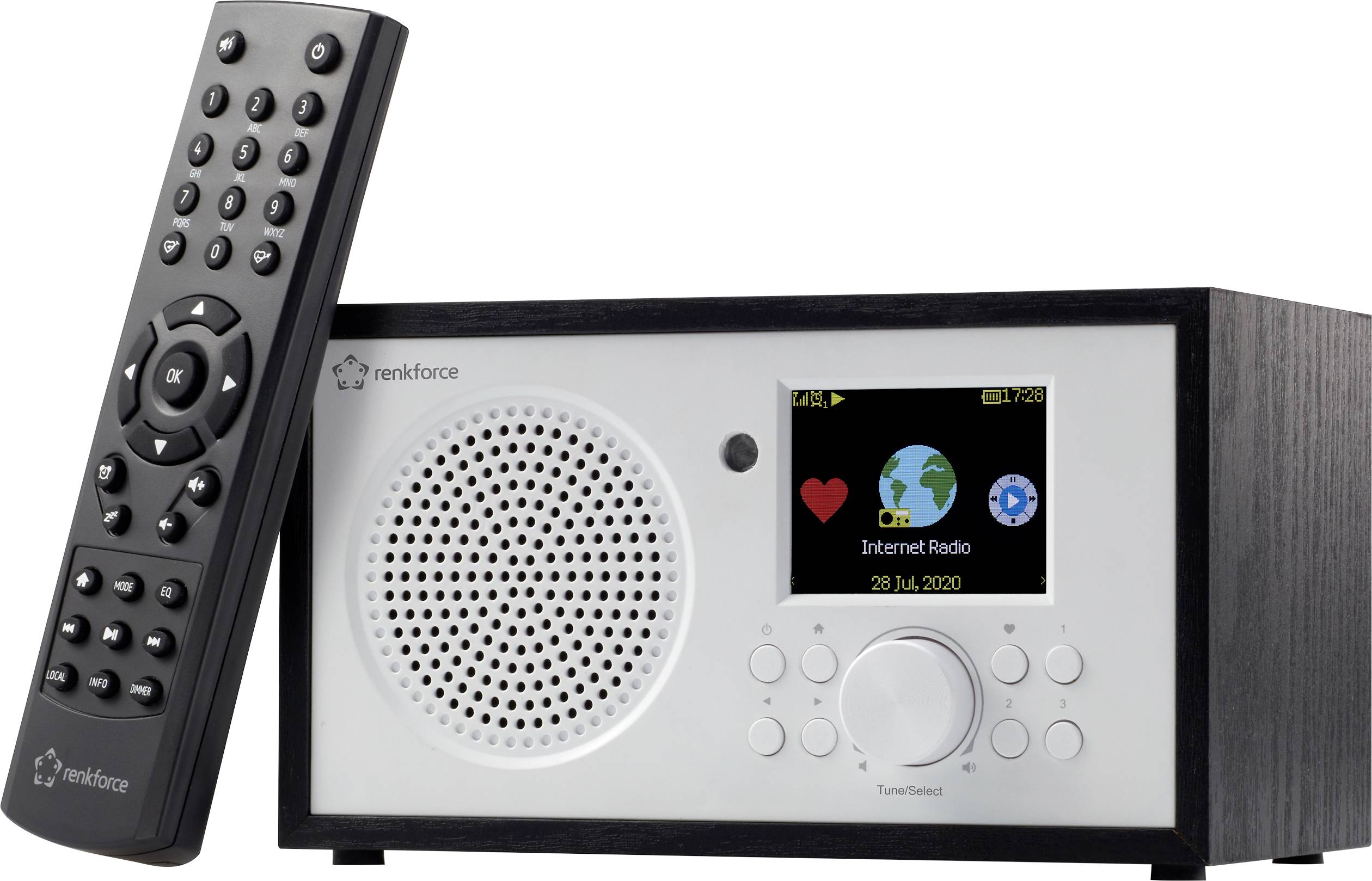 Radio numérique avec haut-parleur, petit écran affichant 'Radio Internet' ; à côté, une télécommande. Idéal pour écouter à la mode.