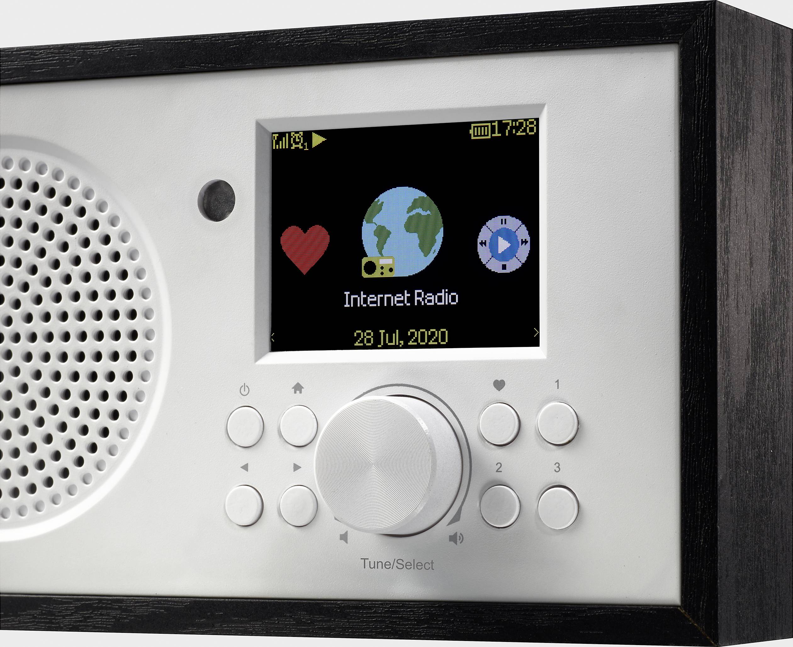 Une radio Internet avec un écran. Sur l'écran, on peut voir un cœur, un globe terrestre et un symbole 'Play'. Date : 28 juil. 2020.