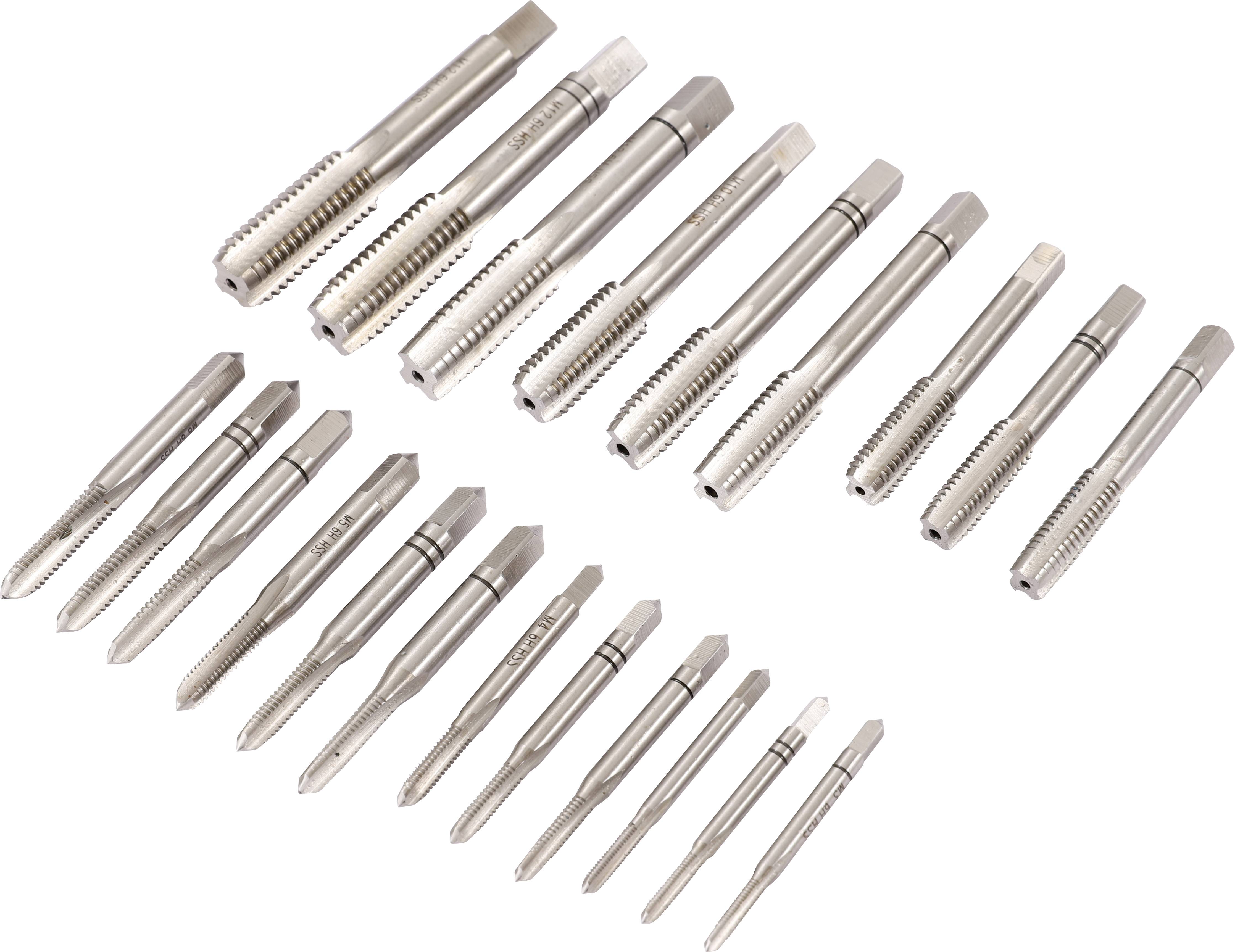 Un ensemble de tarauds en métal de différentes tailles, disposés en trois rangées. Approprié pour le taraudage de filets intérieurs.