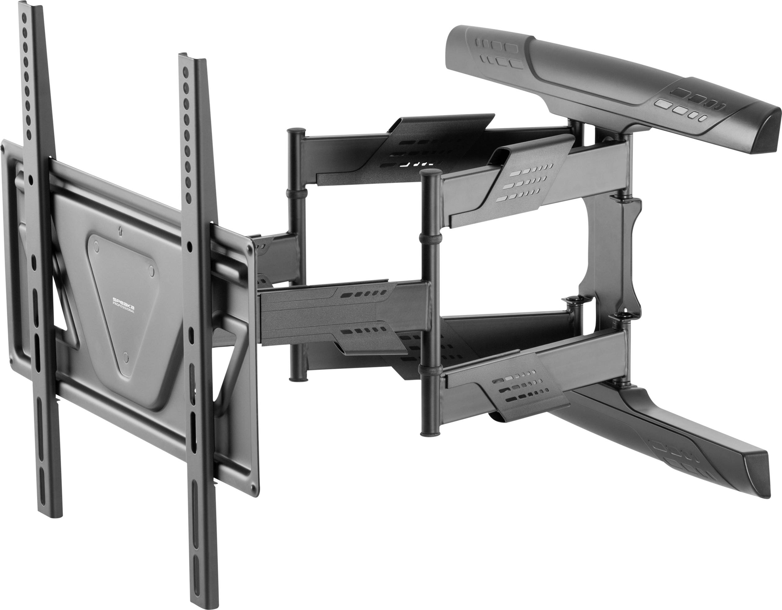 Support mural pour téléviseur avec bras ajustables permettant un positionnement optimal. Design robuste, adapté aux grands écrans.