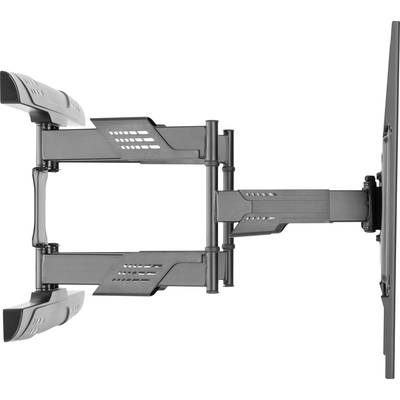 Un support mural métallique réglable pour téléviseur avec deux bras articulés, montré dans sa position extensible sur la gauche. Adapté pour un positionnement flexible d'un téléviseur.