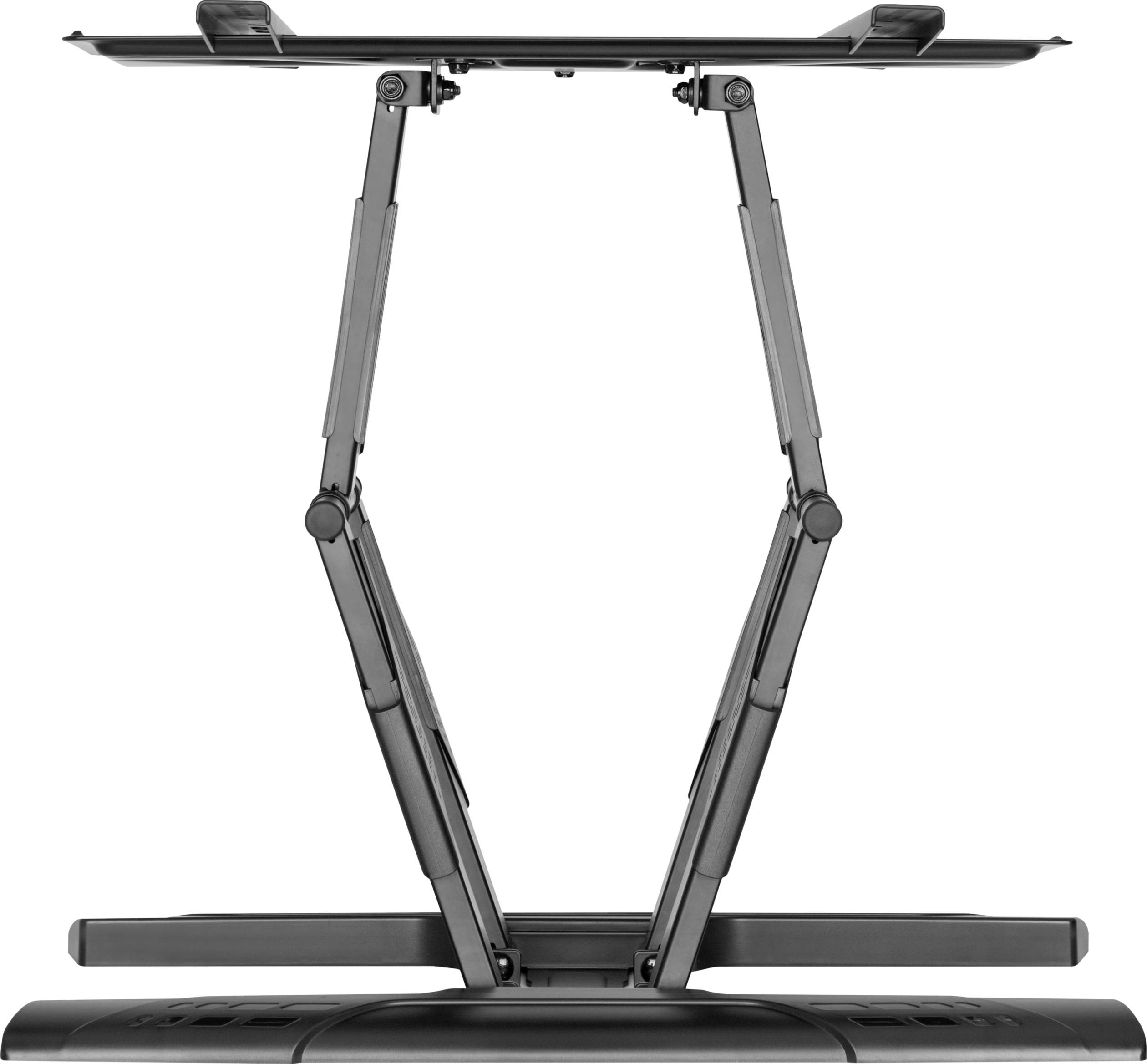 Un support de table réglable avec un mécanisme de levage en X, idéal pour un travail ergonomique en position debout ou assise.
