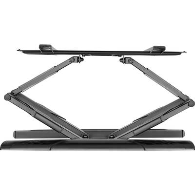 Support de bureau réglable en hauteur, vue latérale, montrant les différents bras de levier et les niveaux du plateau de table.