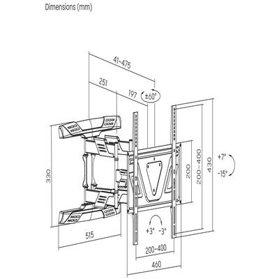 Dessin technique d'un support mural pour téléviseur. Montre des bras ajustables, des points de fixation et des dimensions en millimètres.