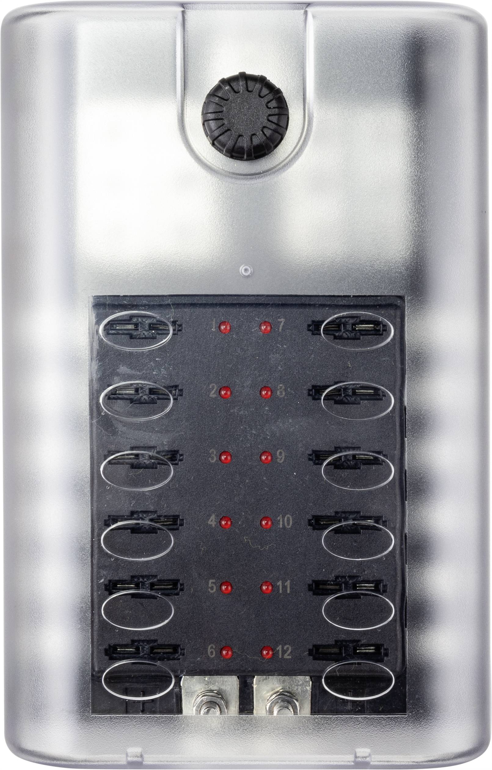 Appareil électronique doté de douze interrupteurs numérotés et de voyants LED rouges adjacents à chaque interrupteur. Un bouton rotatif est placé au-dessus.