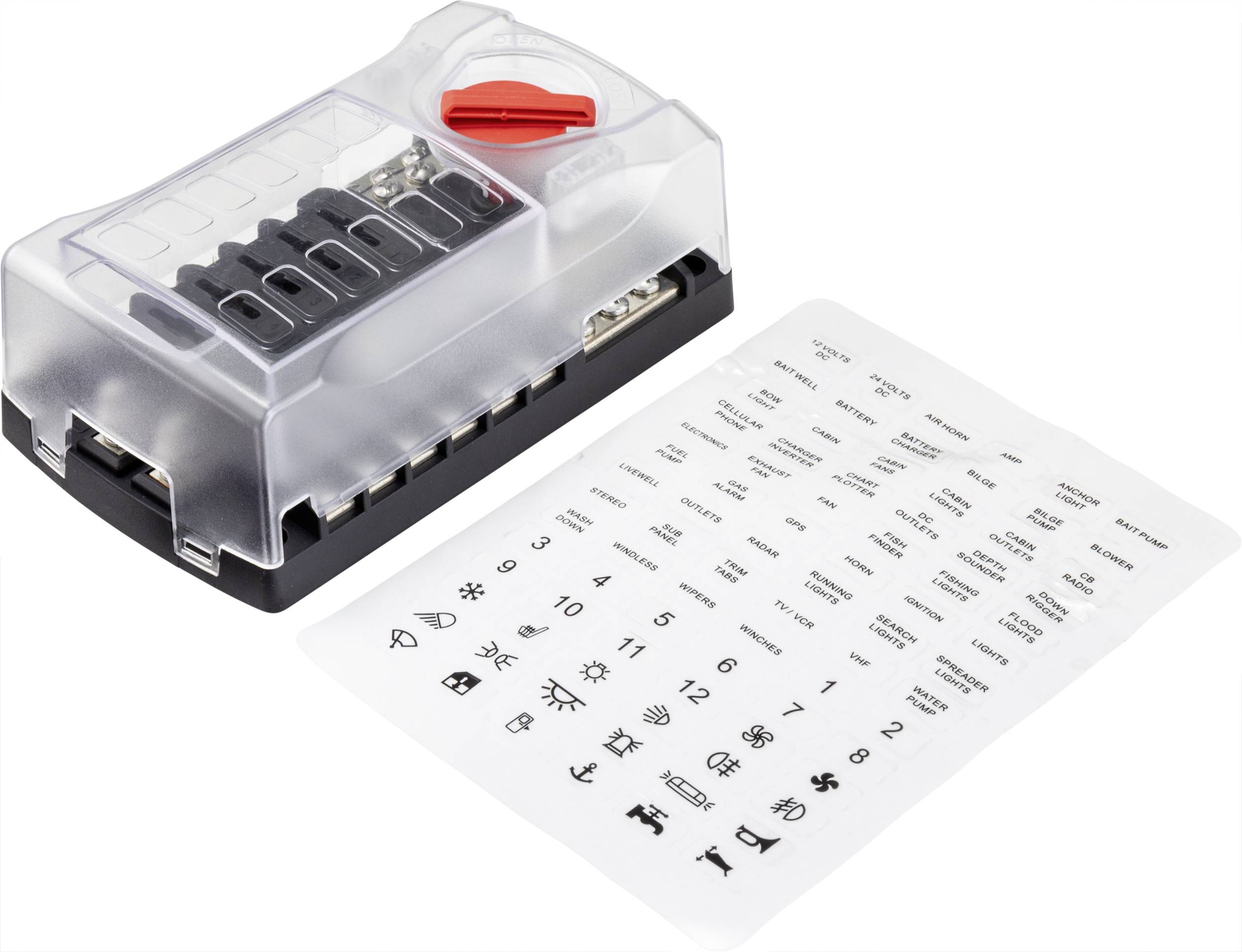 Une boîte de fusibles transparente avec un clip rouge et une base noire est posée à côté d'une feuille comportant des symboles et des étiquettes pour les fusibles.