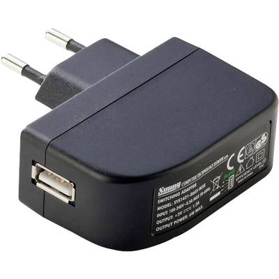 Adaptateur secteur noir avec fiche européenne et port USB, adapté pour courant alternatif 100-240V, spécification de sortie 5V-2A.
