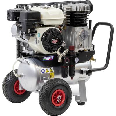 Compresseur d'air mobile avec moteur puissant et deux roues, adapté pour un usage commercial ou domestique. La plaque du fabricant indique 'Made in Italy'.