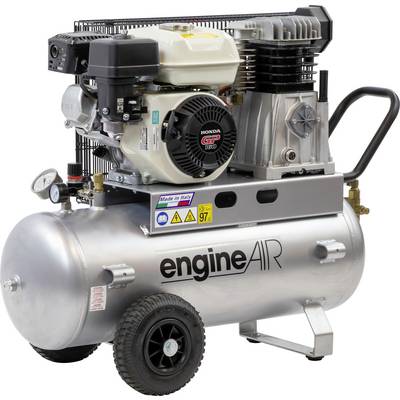 'Compresseur d'air compact à deux roues, équipé d'un moteur. Inscription latérale "engine AIR". Design bicolore en argent et noir.'
