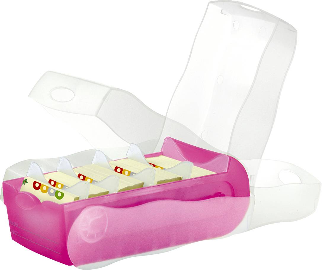 Un récipient en plastique rose contenant plusieurs morceaux rectangulaires blancs avec de petits symboles colorés ; le couvercle est ouvert.