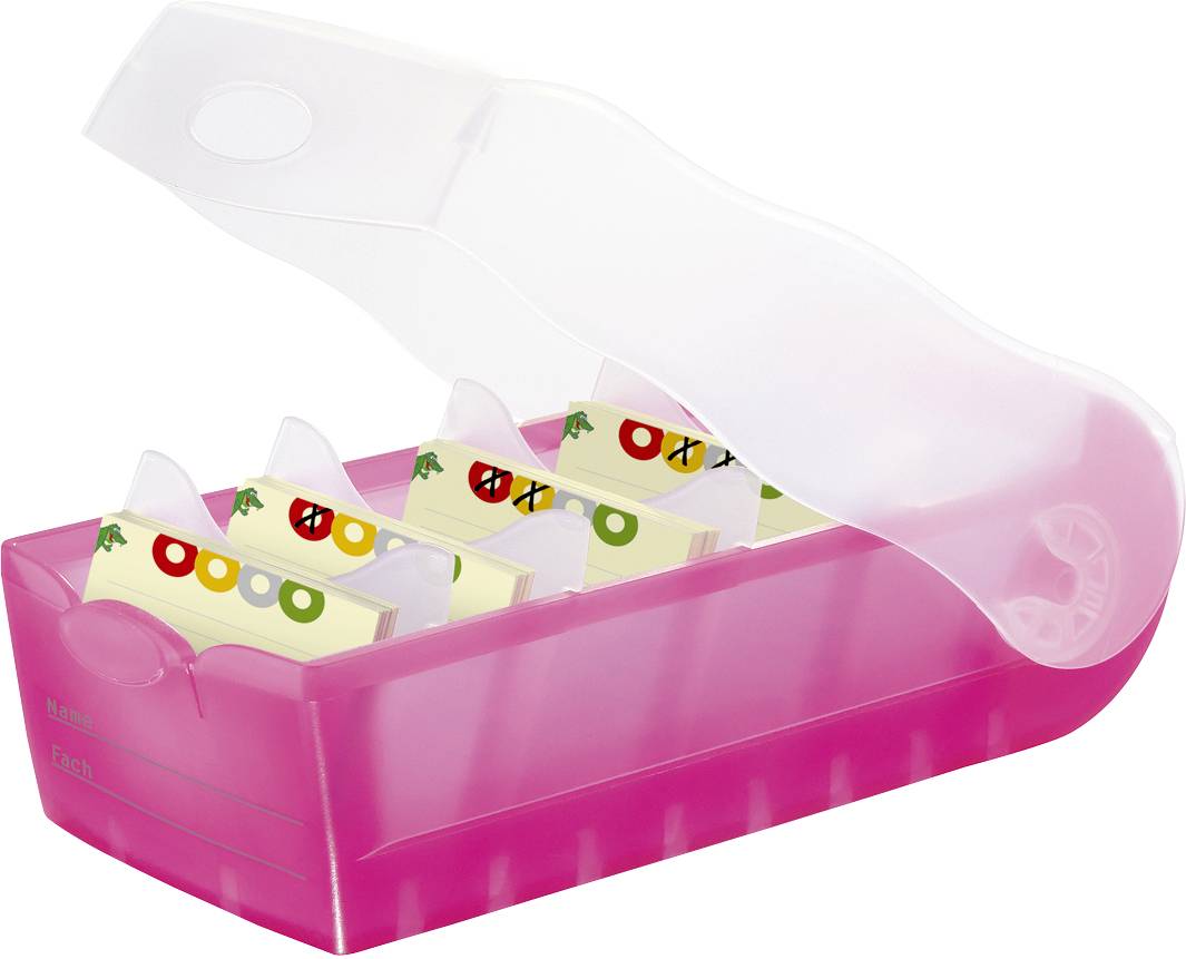 Un organiseur rose ouvert avec plusieurs compartiments, rempli de onglets avec des symboles colorés. Adapté pour l'organisation de documents.